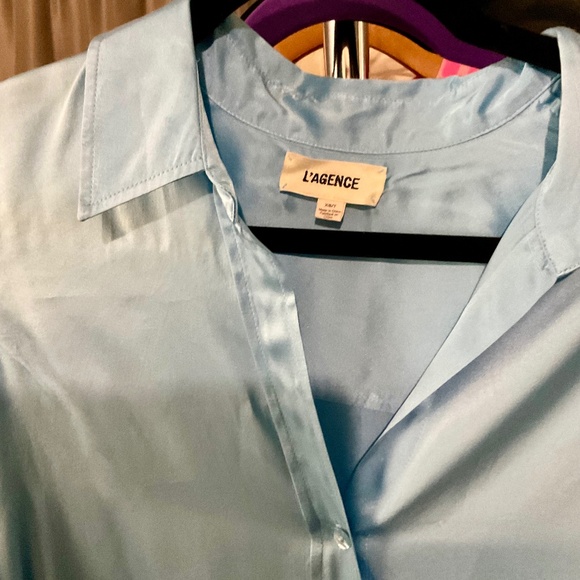 L'Agence Dani Silk Satin 3/4-Sleeve Button-Down Blouse Light Aqua XSmall - Picture 7 of 14